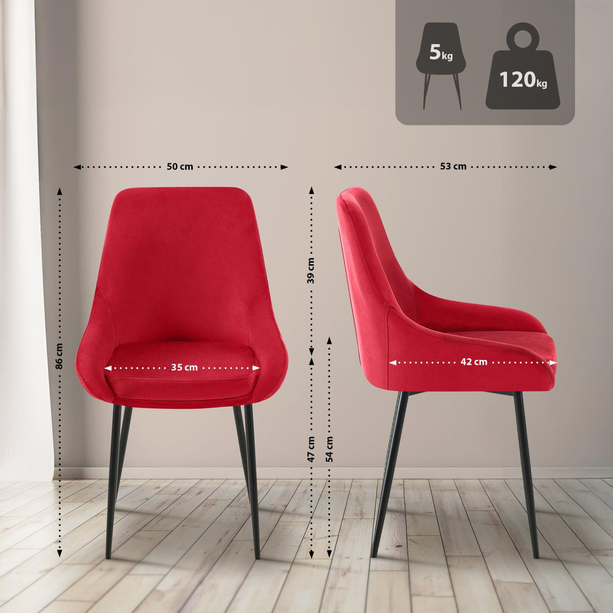 Set van 2 eetkamerstoelen Elmira rood,Metaal mat zwart rot