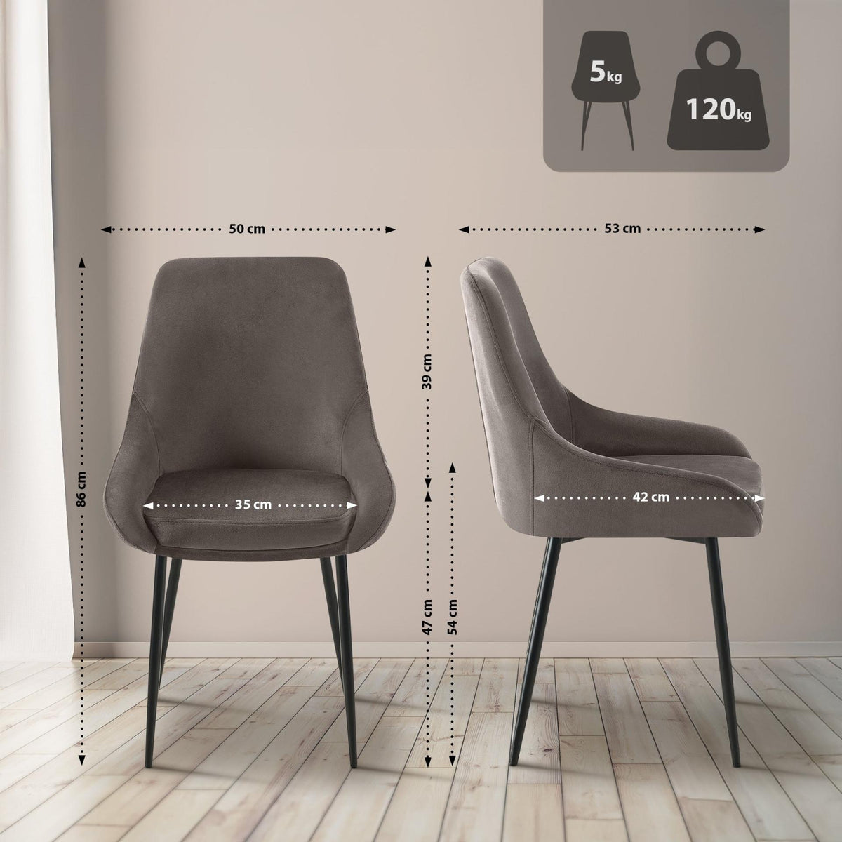 Set van 2 eetkamerstoelen Elmira antraciet,Metaal mat zwart anthrazit