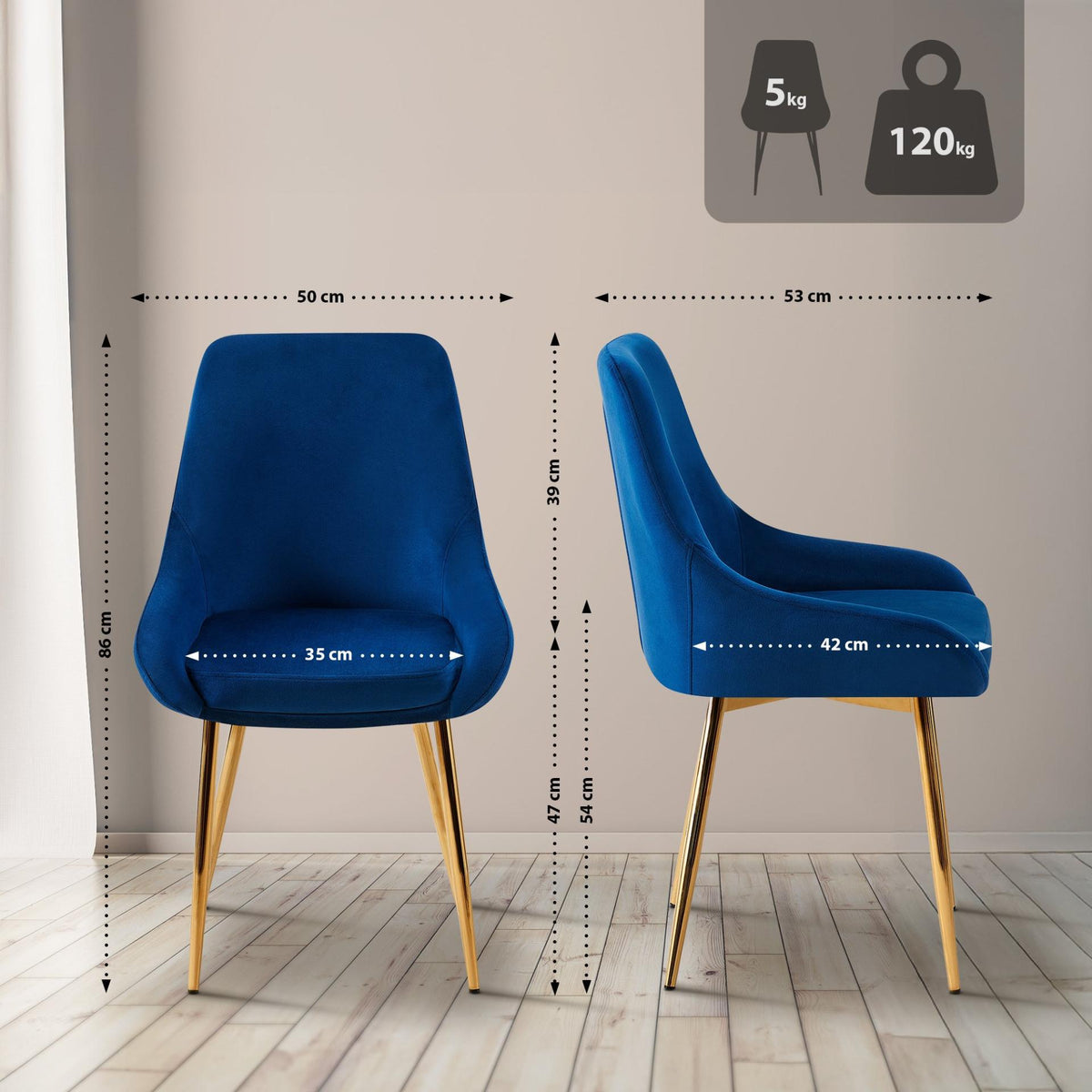 Set van 2 eetkamerstoelen Elmira donkerblauw,Metaal mat zwart dunkelblau