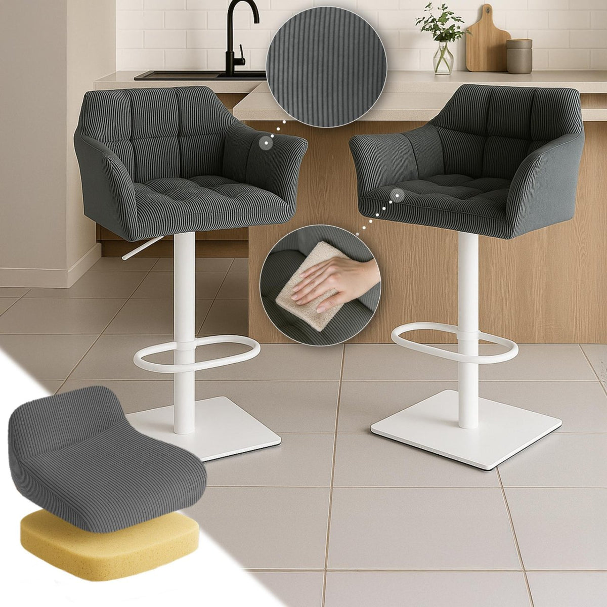 Barkruk Damaso Cord grijs,wit grau
