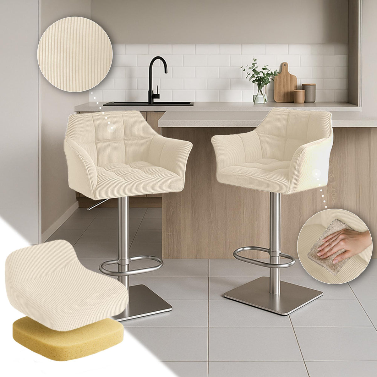 Barkruk Damaso Cord creme,zwart creme