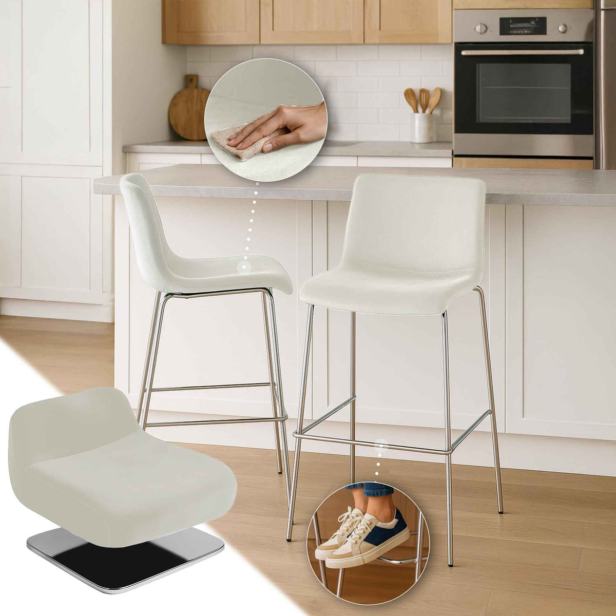 Barkruk Hover Fluweel Vierpoots frame Chroom creme creme