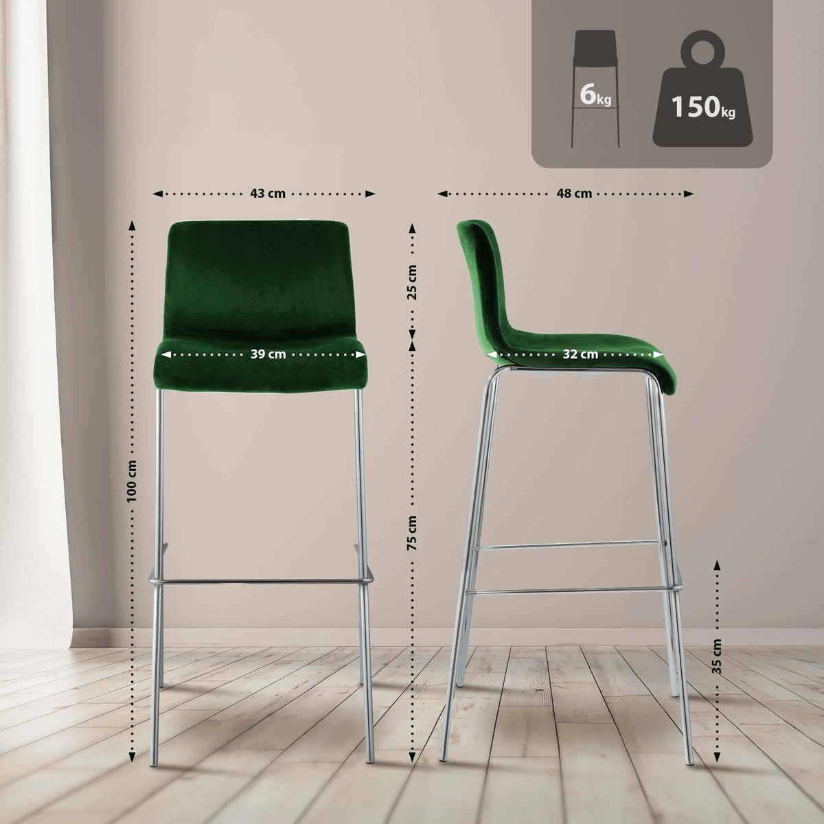 Barkruk Hover Fluweel Vierpoots frame Chroom groen grün