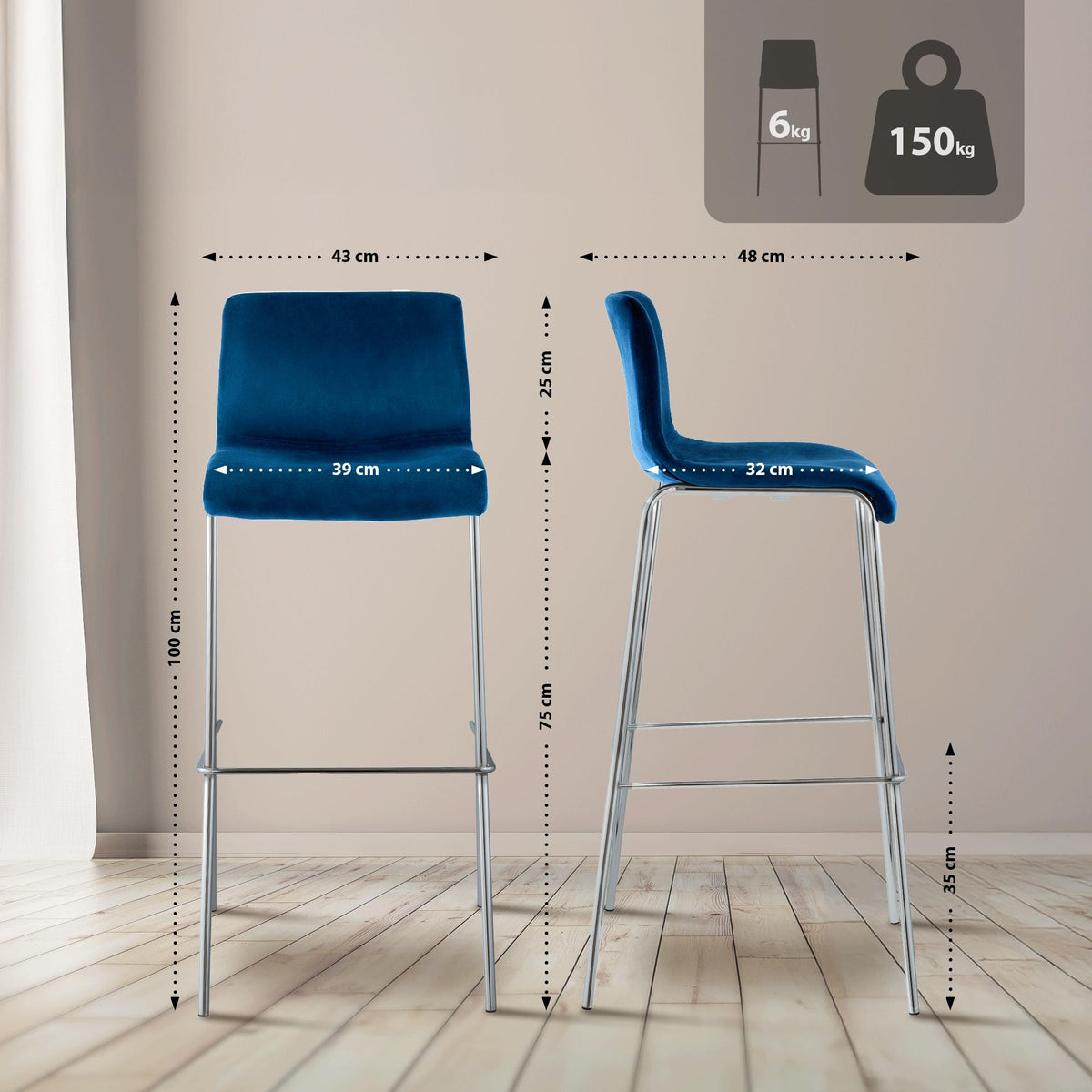 Barkruk Hover Fluweel Vierpoots frame Chroom blauw blau