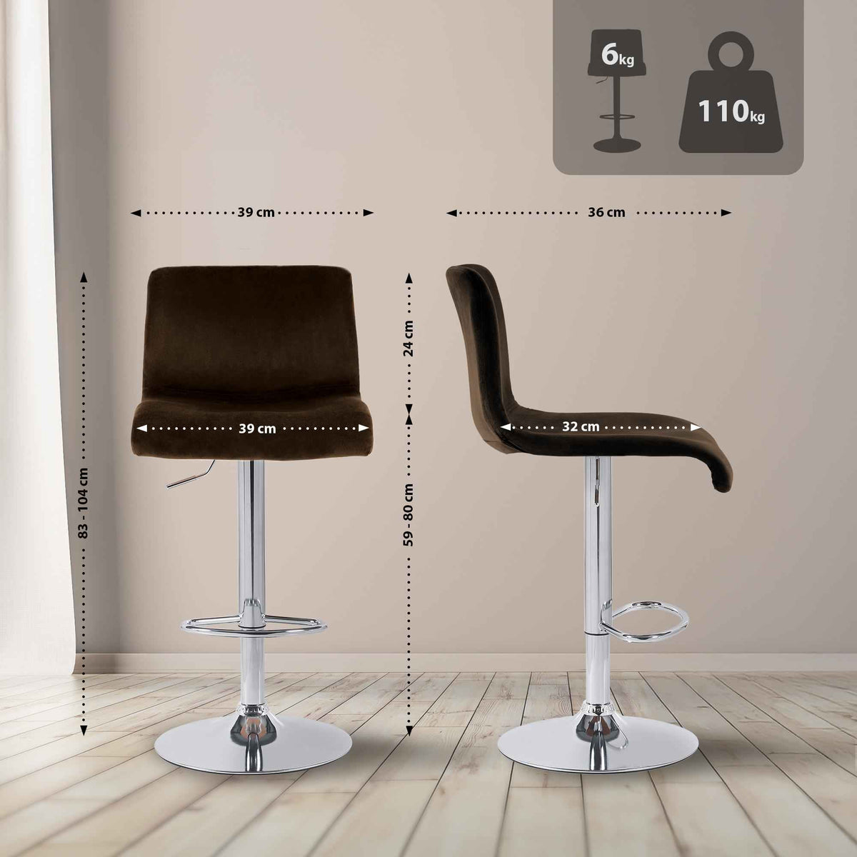 Barkruk Hover Fluweel bruin,Metaal in chroomoptiek braun