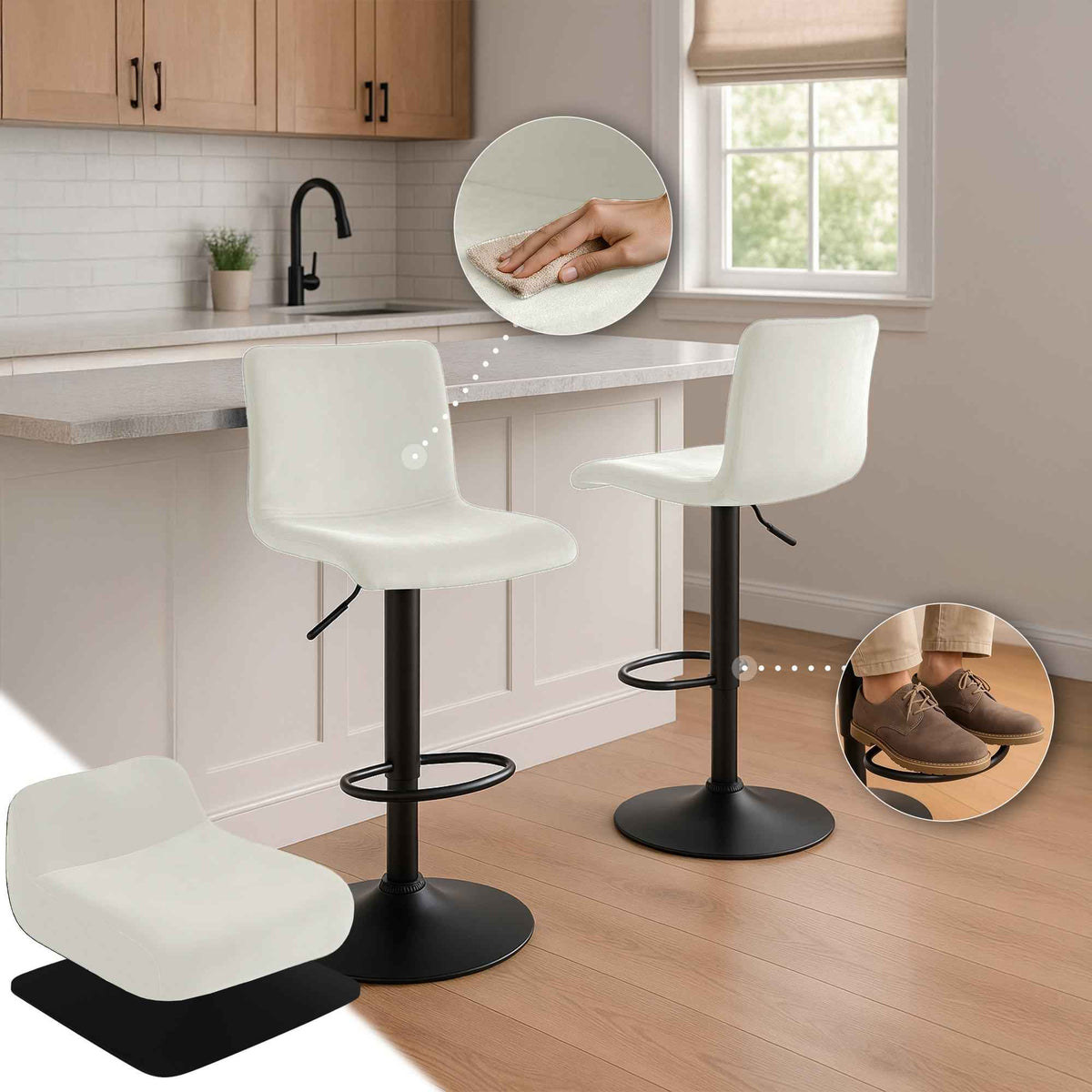 Barkruk Hover Fluweel creme,Metaal mat zwart creme