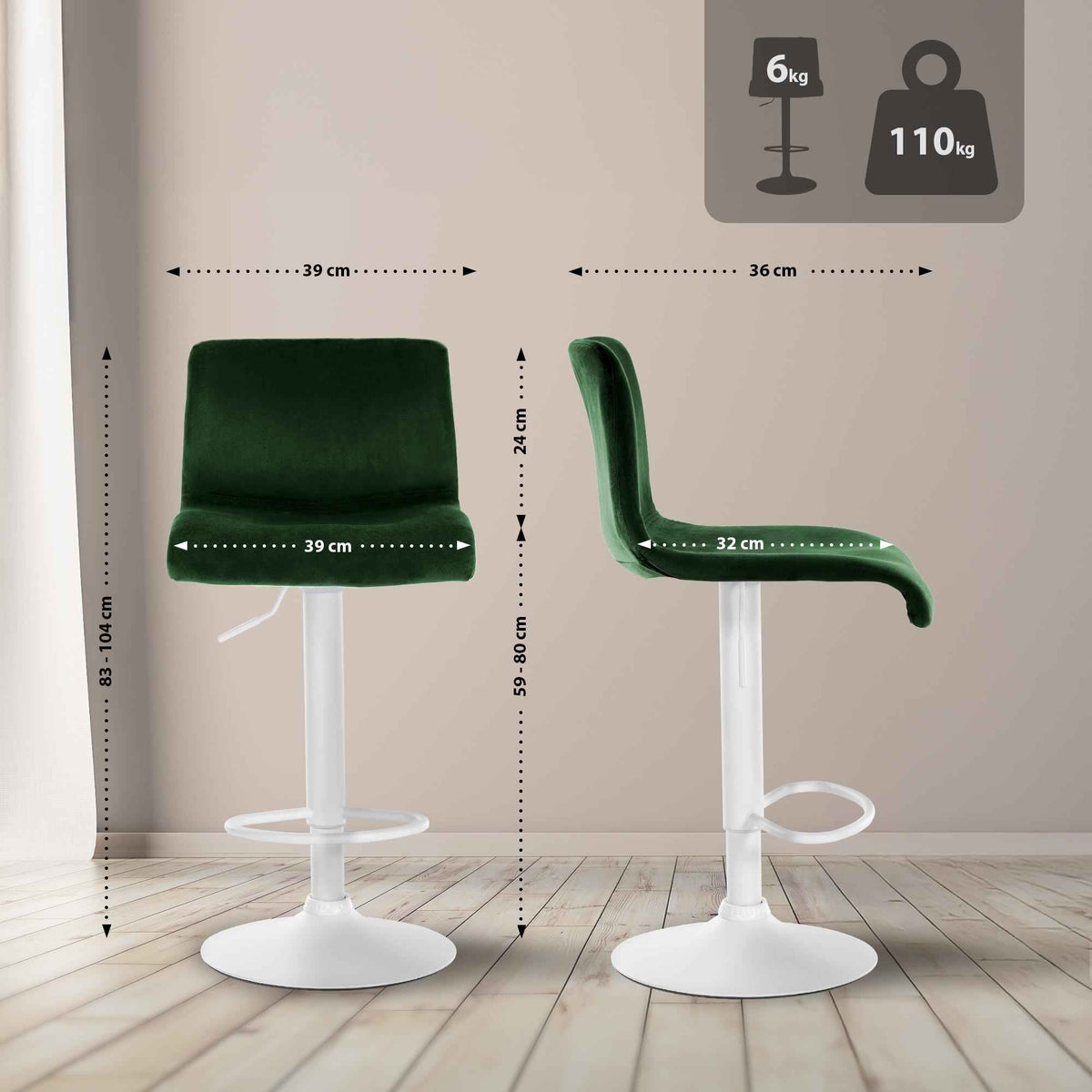 Barkruk Hover Fluweel groen,Metaal mat wit grün