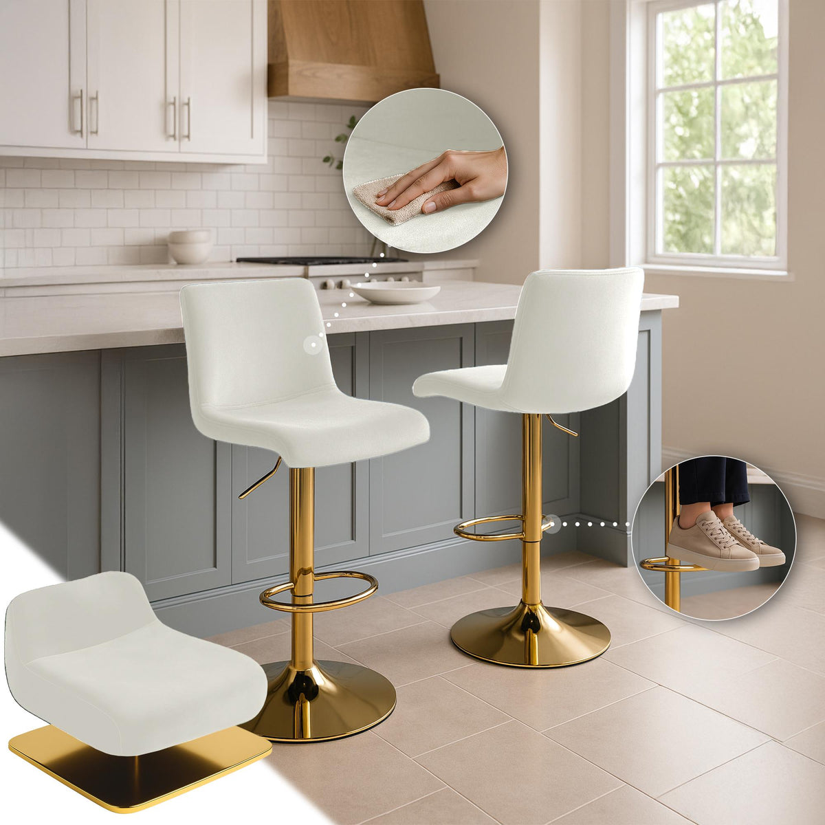 Barkruk Hover Fluweel creme,Metaal Goud creme