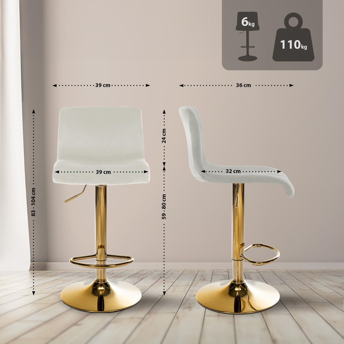 Barkruk Hover Fluweel creme,Metaal Goud creme