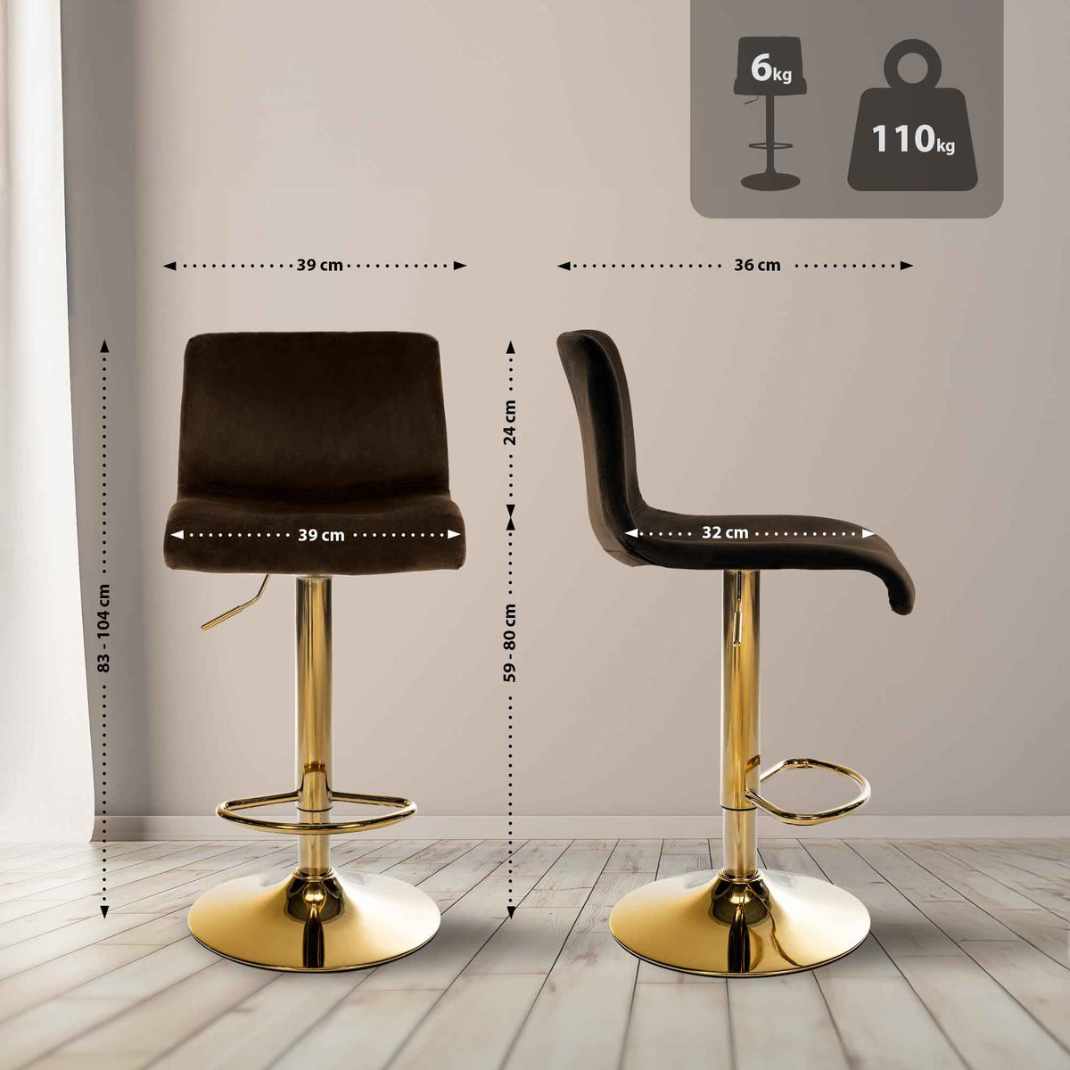 Barkruk Hover Fluweel bruin,Metaal Goud braun