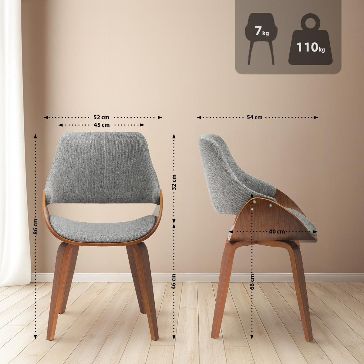 Set van 2 eetkamerstoelen Vangale walnoot/donkergrijs,Stof walnuss/dunkelgrau