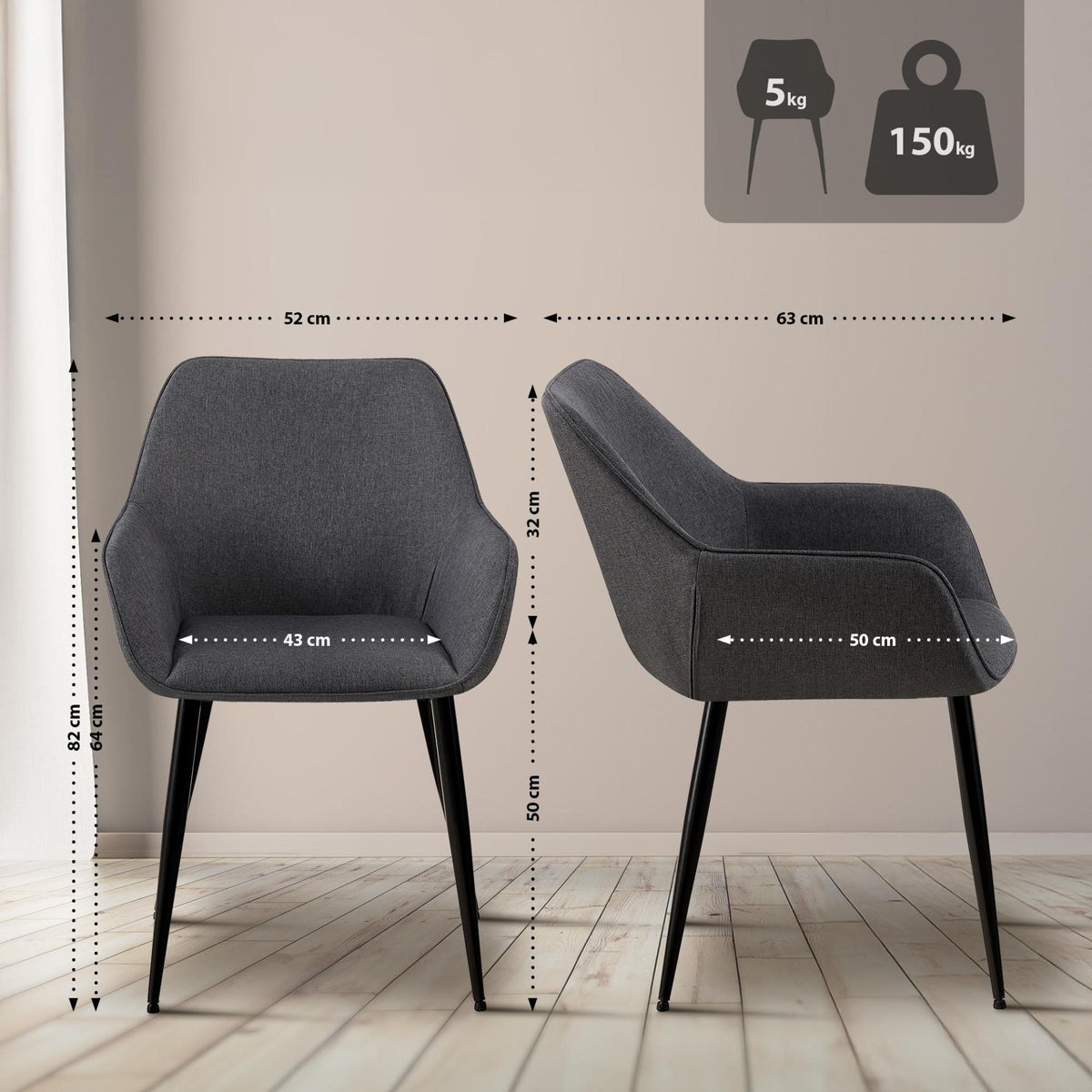 Set van 2 eetkamerstoelen Luena donkergrijs,Stof dunkelgrau