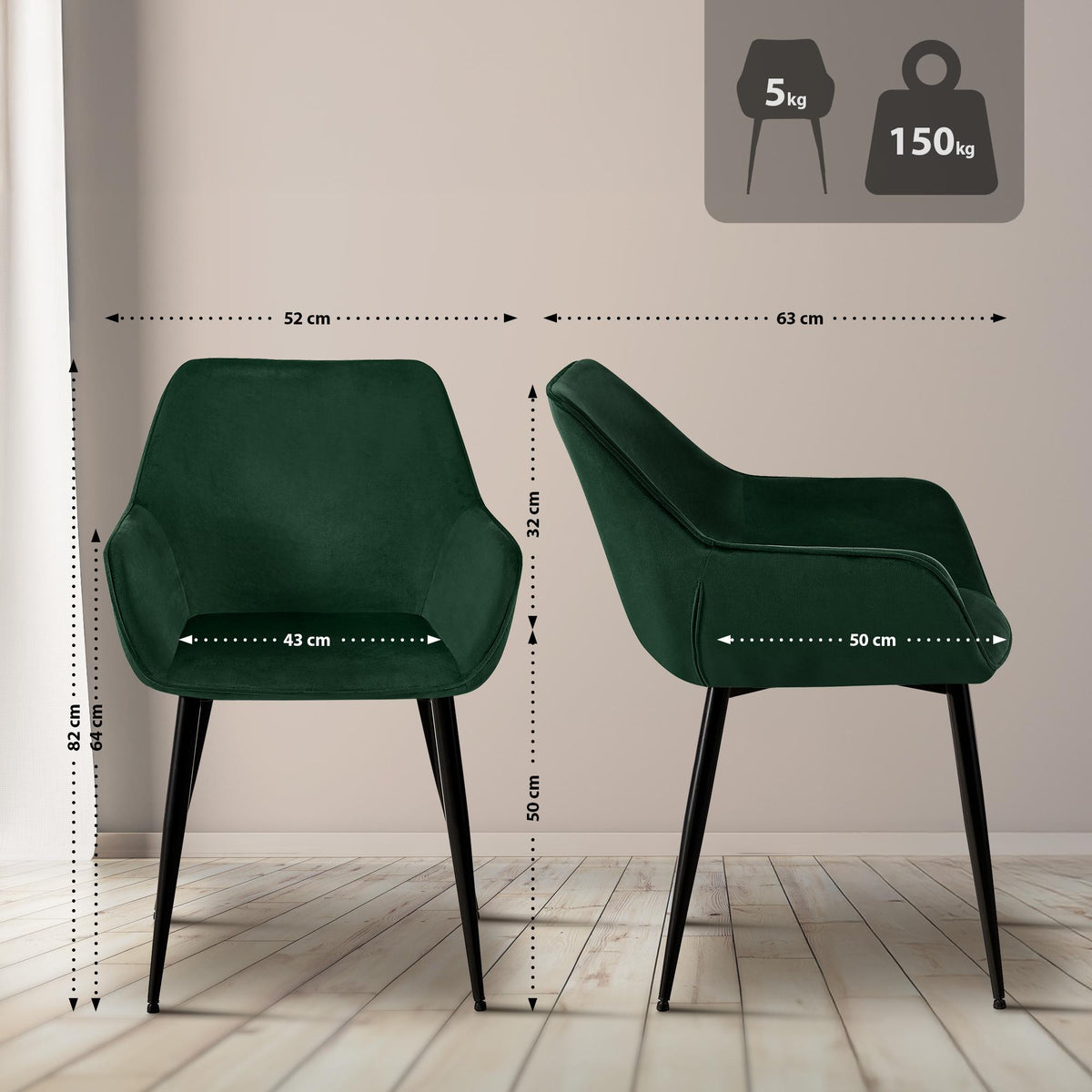 Set van 2 eetkamerstoelen Luena groen,Fluweel grün