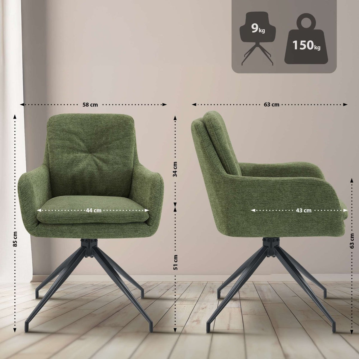Set van 2 eetkamerstoelen Pickett stof groen grün