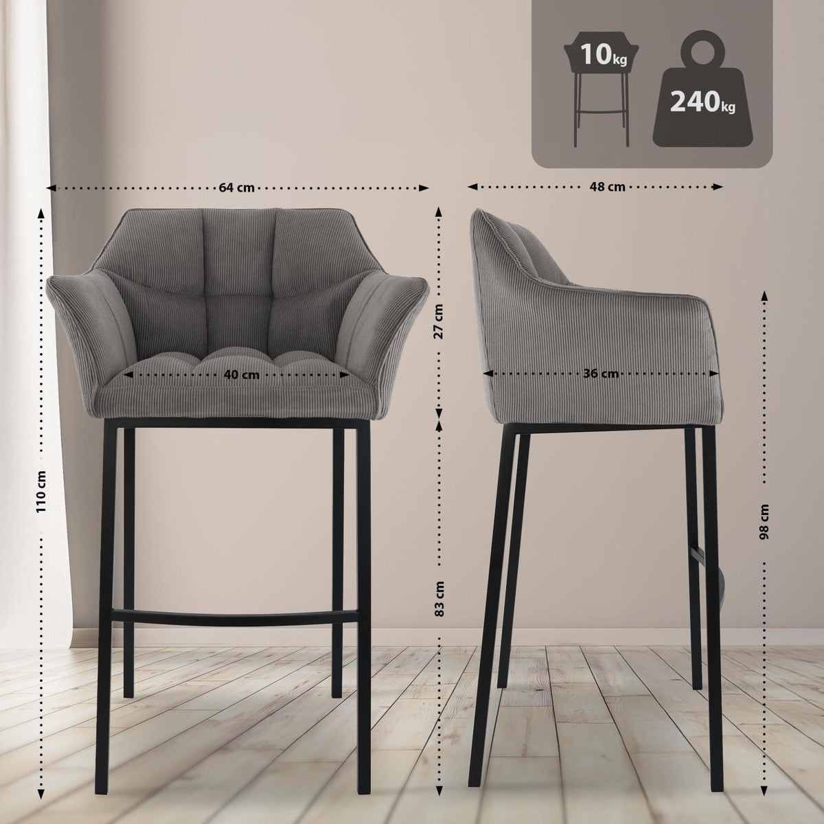 Barkruk Damaso Cord met Vierpootsframe taupe,zwart taupe