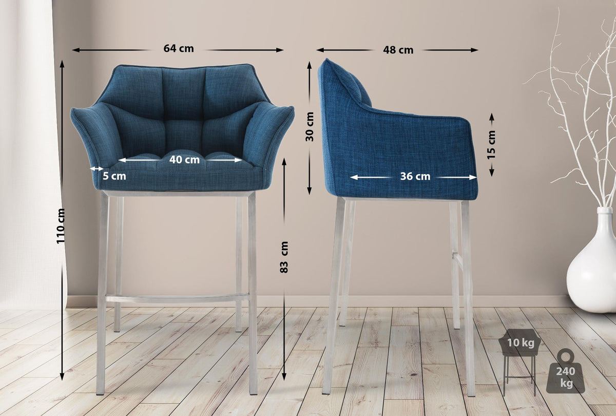 Barkruk Damaso met 4 poten stof blauw,roestvrij staal blau