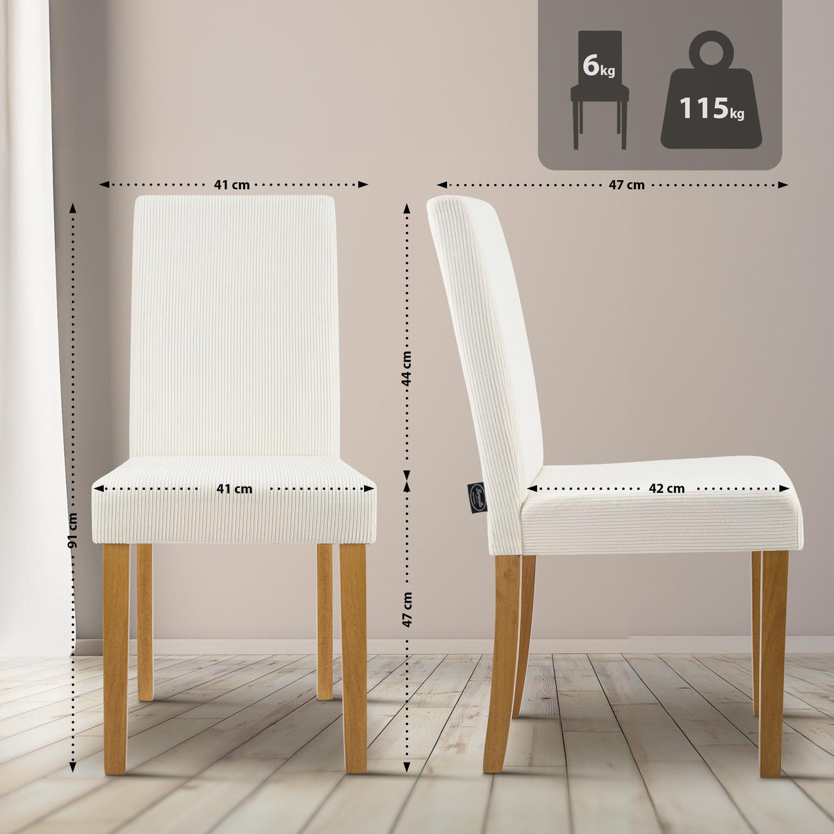 Set van 2 eetkamerstoelen Ina Cord creme,antiek licht creme