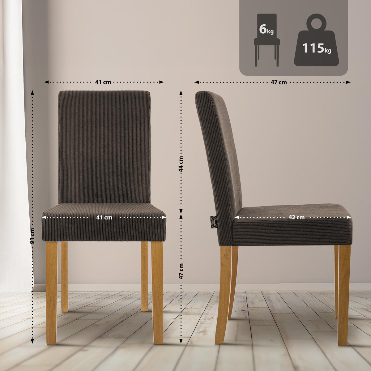 Set van 2 eetkamerstoelen Ina Cord bruin,antiek licht braun