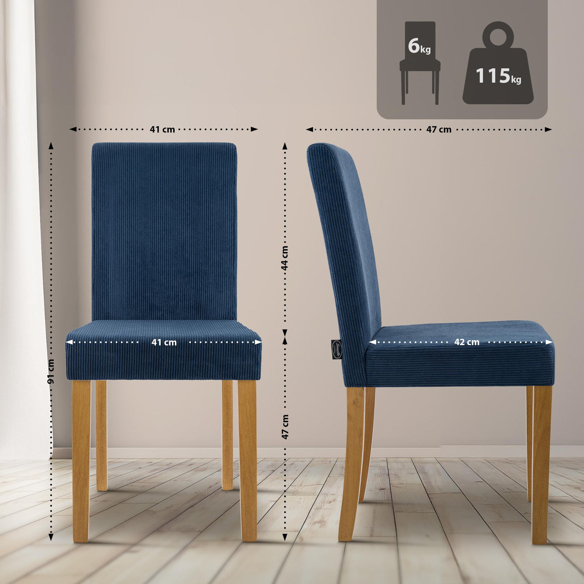 Set van 2 eetkamerstoelen Ina Cord blauw,antiek licht blau