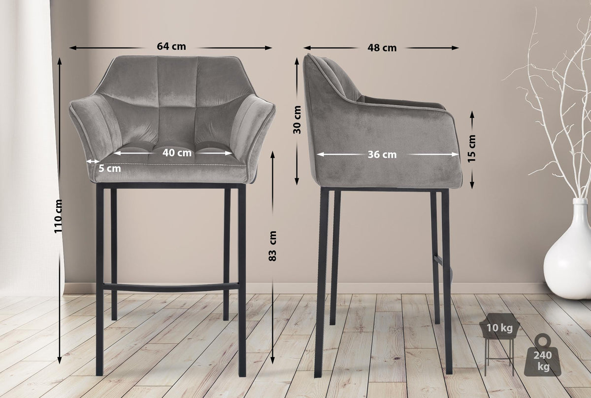 Barhocker Damaso B Samt mit 4-Fuß Gestell grau