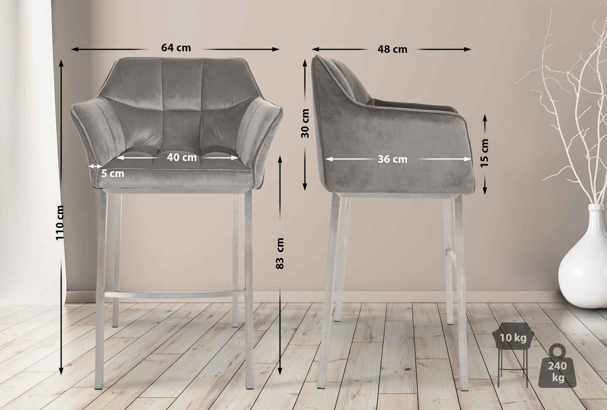 Barhocker Damaso E Samt mit 4-Fuß Gestell grau