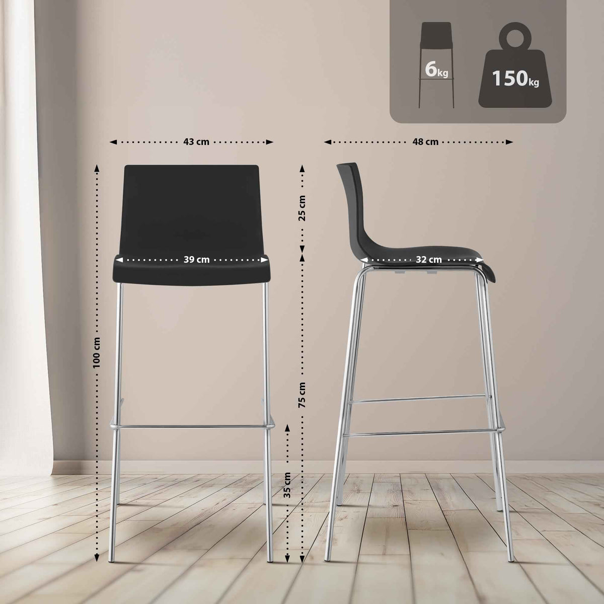 Barhocker Hoover Chrom 4-Fuß Gestell schwarz
