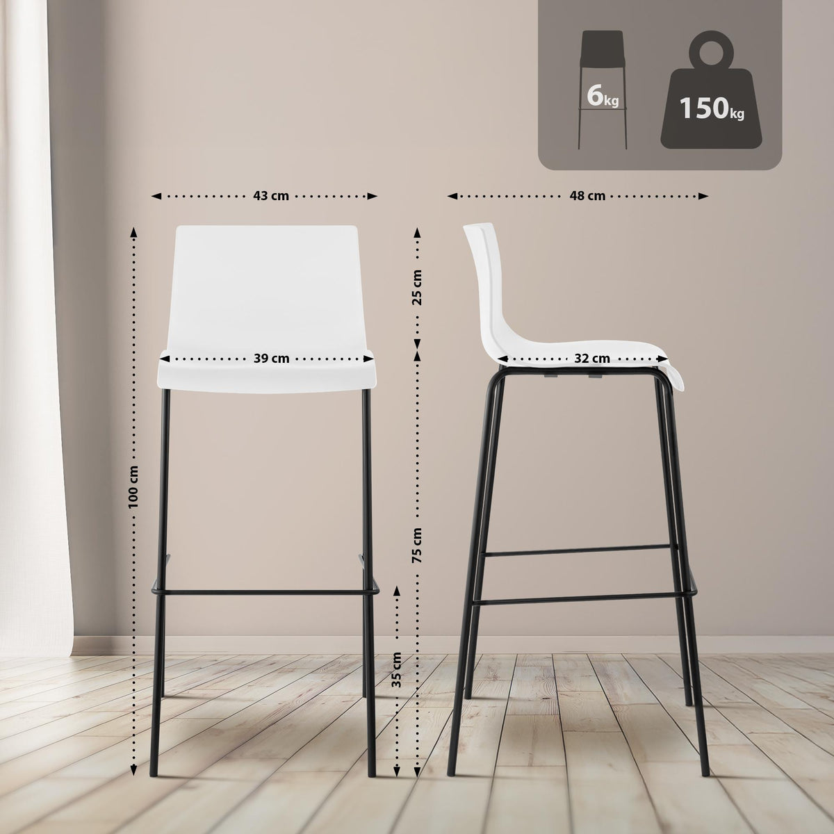Barhocker Hoover 4-Fuß Gestell schwarz weiß