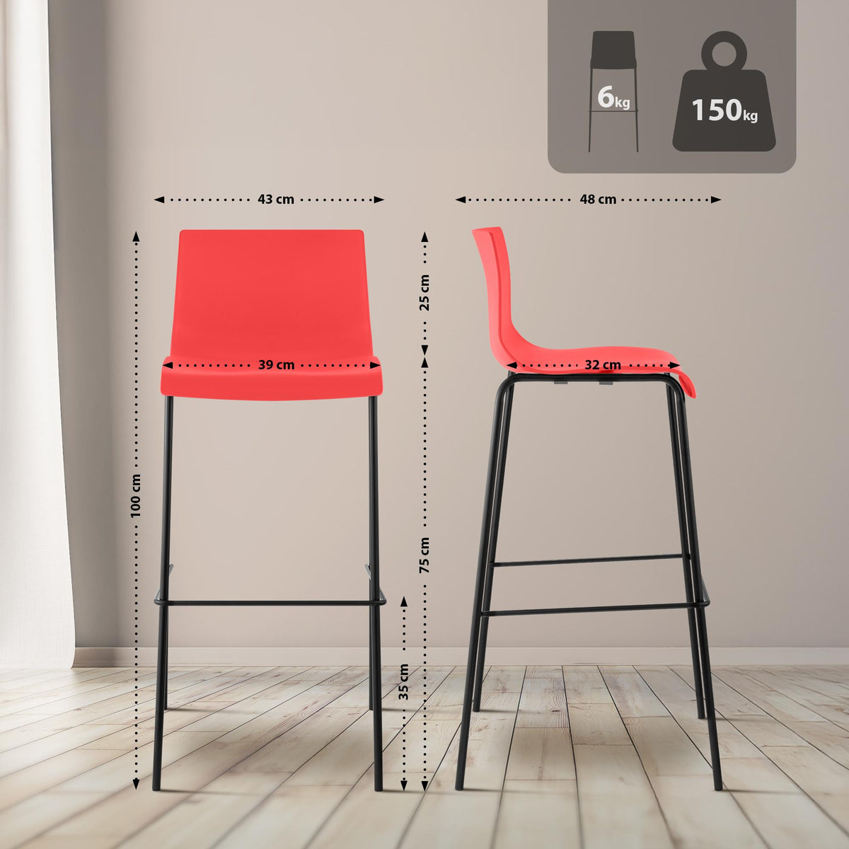 Barhocker Hoover 4-Fuß Gestell schwarz rot