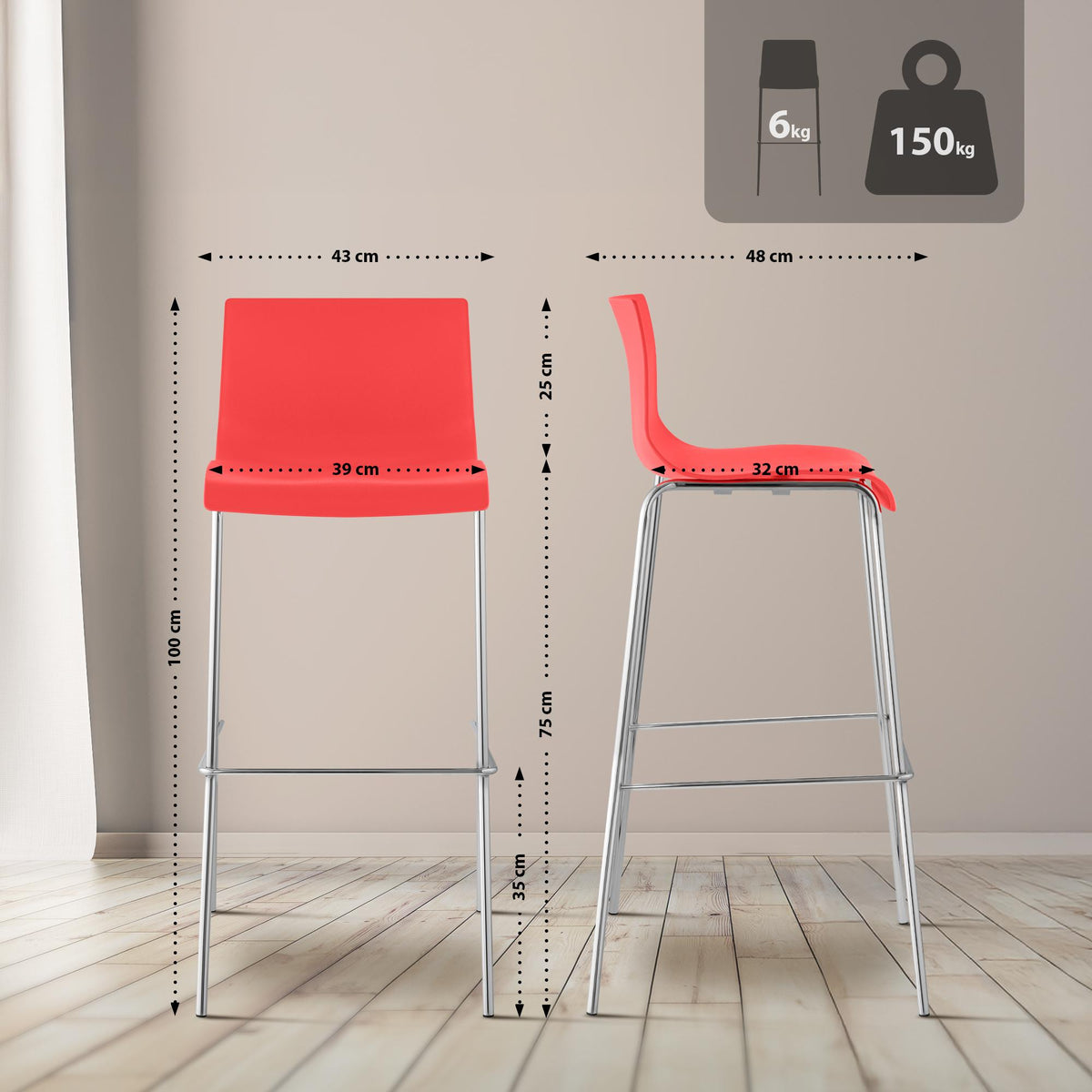 2-delige set barkrukken Hover, kunststof rood,chroom rot