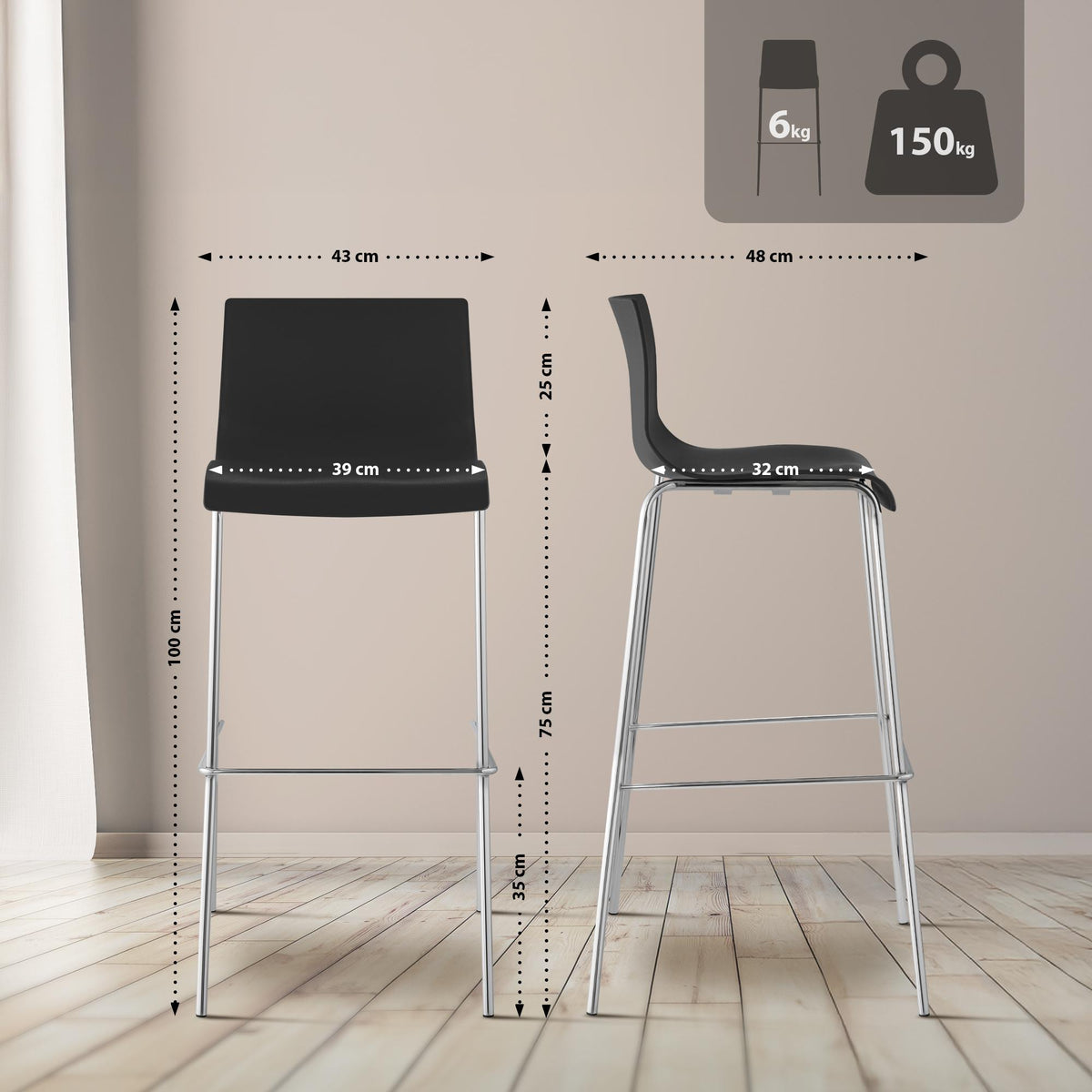 2-delige set barkrukken Hover, kunststof zwart,chroom schwarz