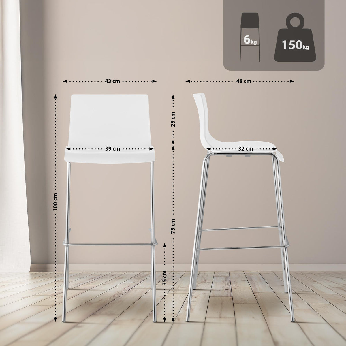 2-delige set barkrukken Hover, kunststof wit,chroom weiß