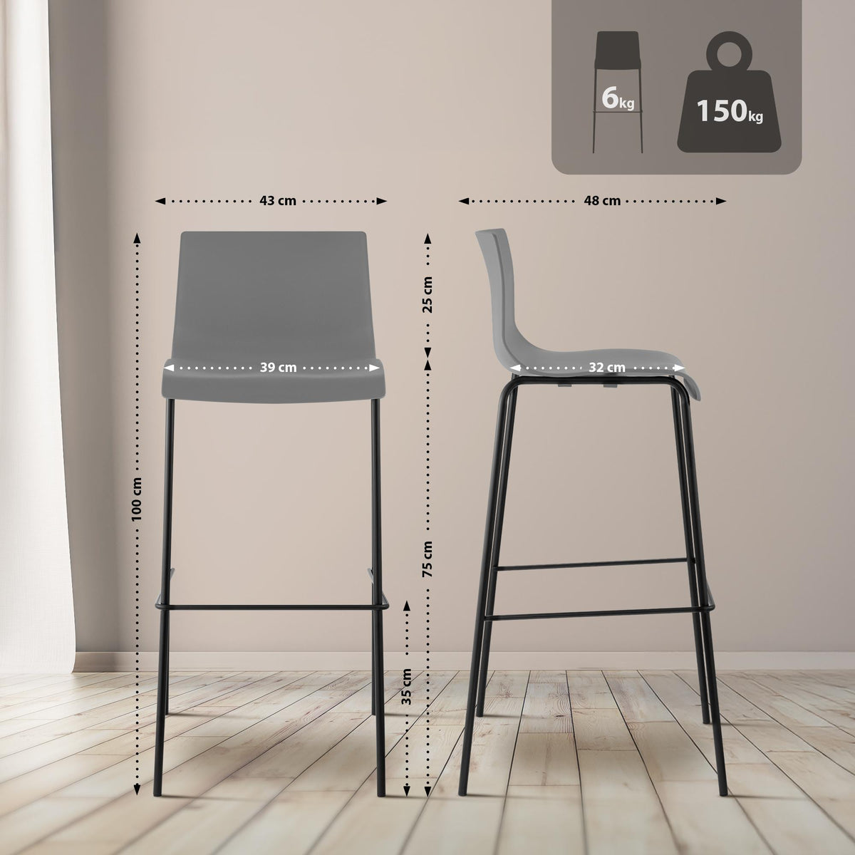 2-delige set barkrukken Hover, kunststof grijs,zwart grau