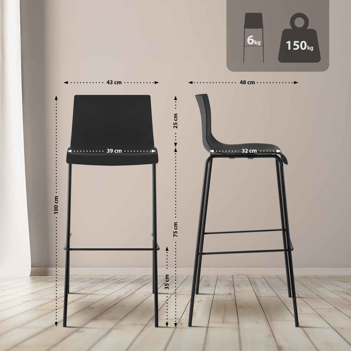 2-delige set barkrukken Hover, kunststof zwart,zwart schwarz