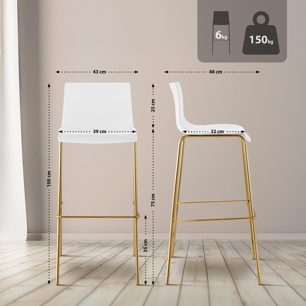 2er Set Barhocker Hoover Kunststoff 4-Fuß Gold weiß