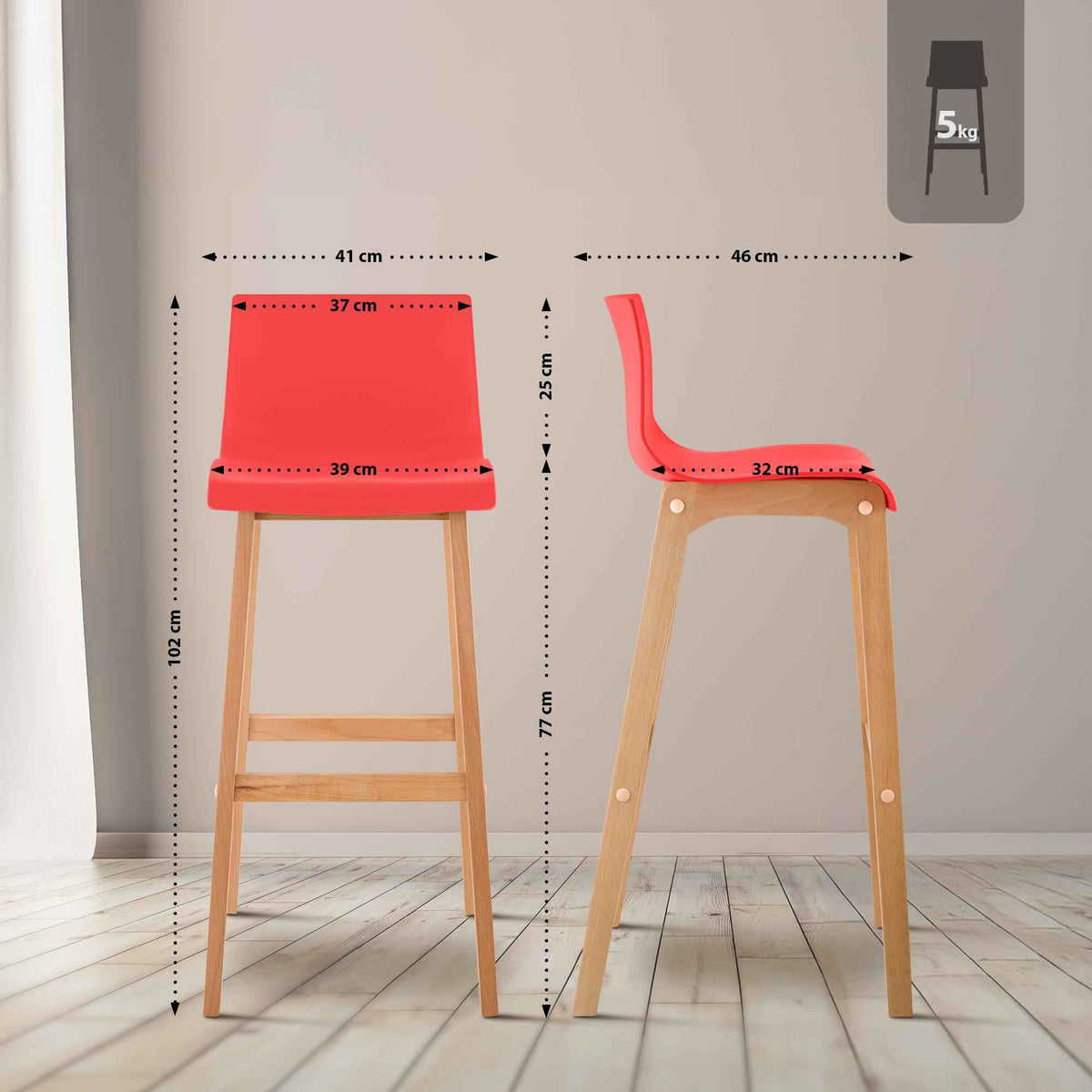 Set van 2 barkrukken Hover Natura rood rot