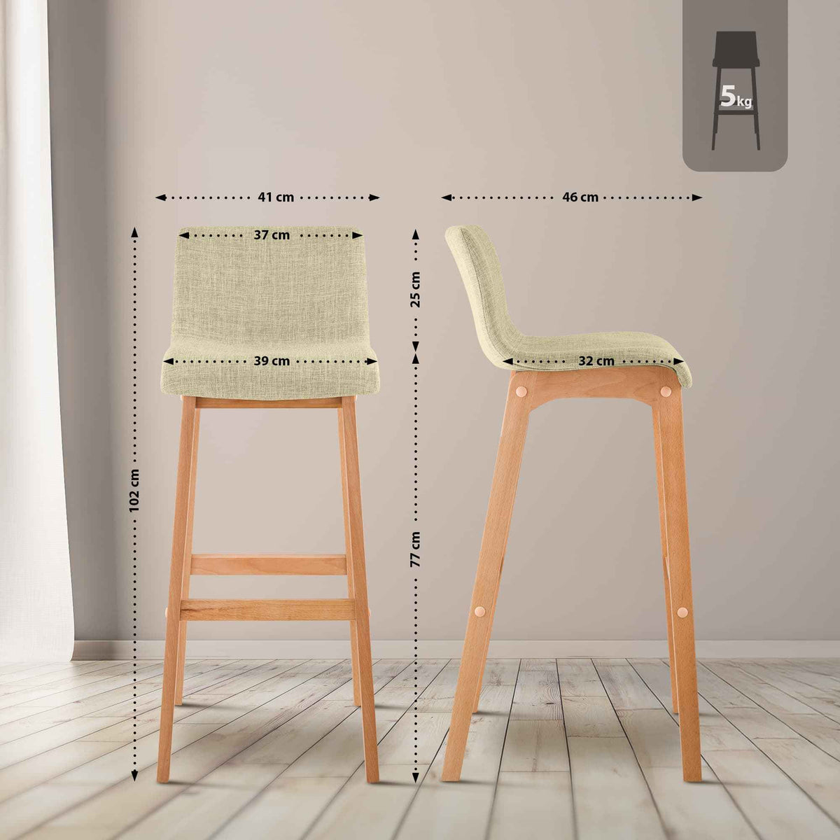 Set van 2 barkrukken Hover Natura Stof creme creme