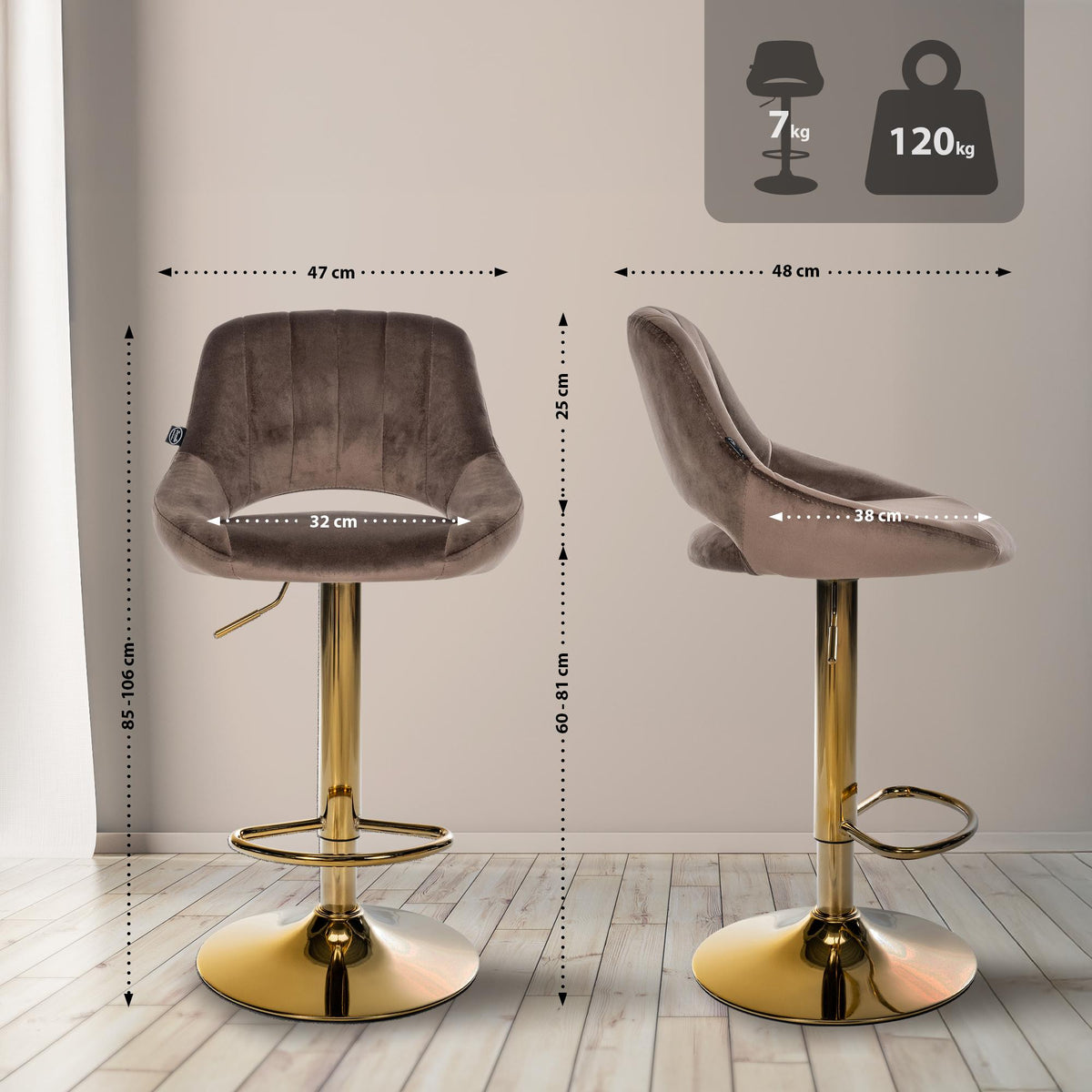 Barkruk Milet Fluweel bruin,goud braun