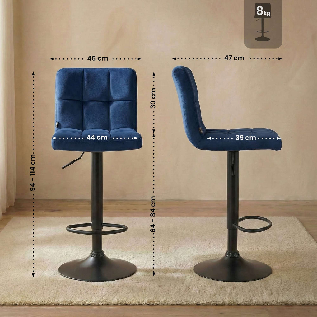 Barkruk Peru Fluweel blauw,zwart blau