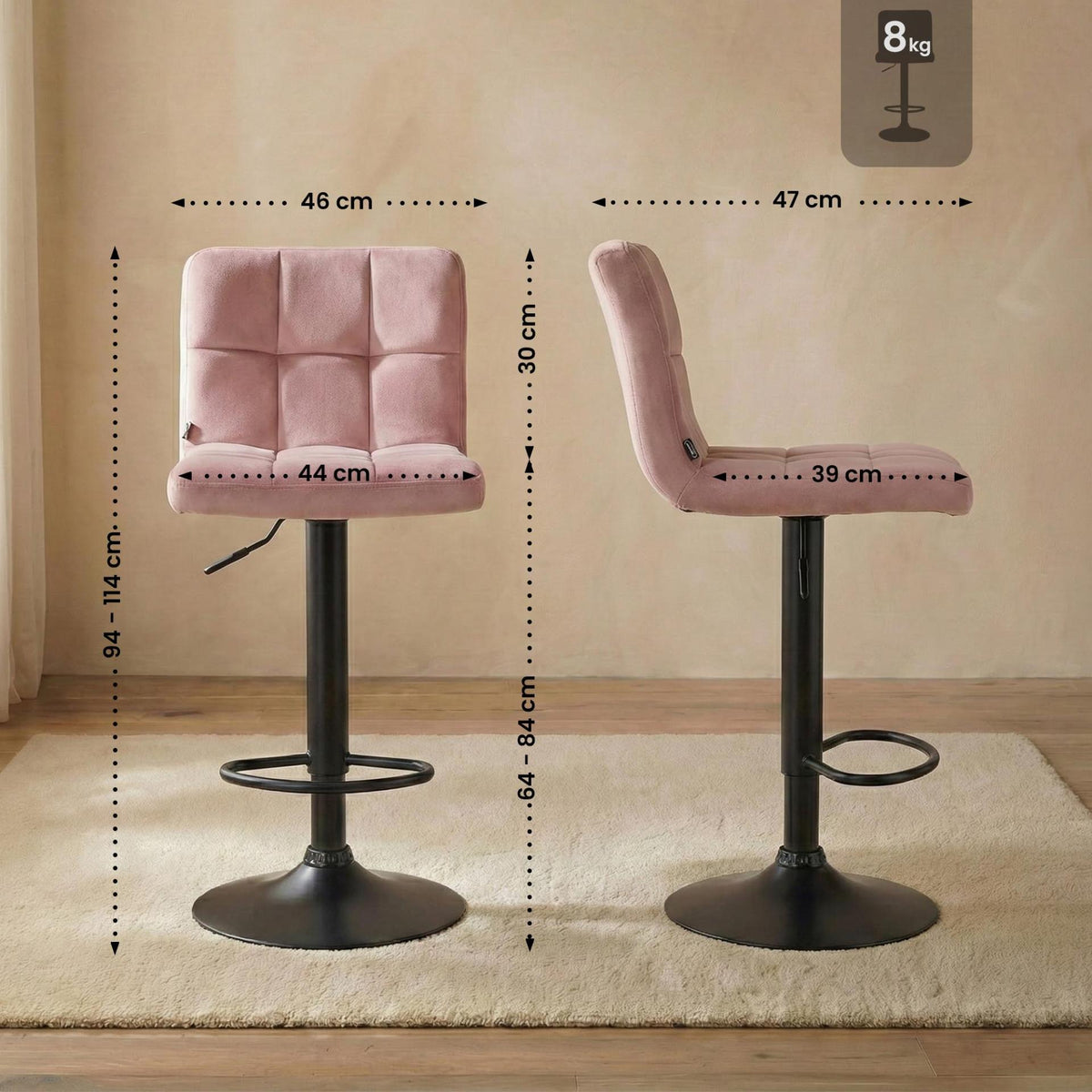 Barkruk Peru Fluweel rosa,zwart rosa