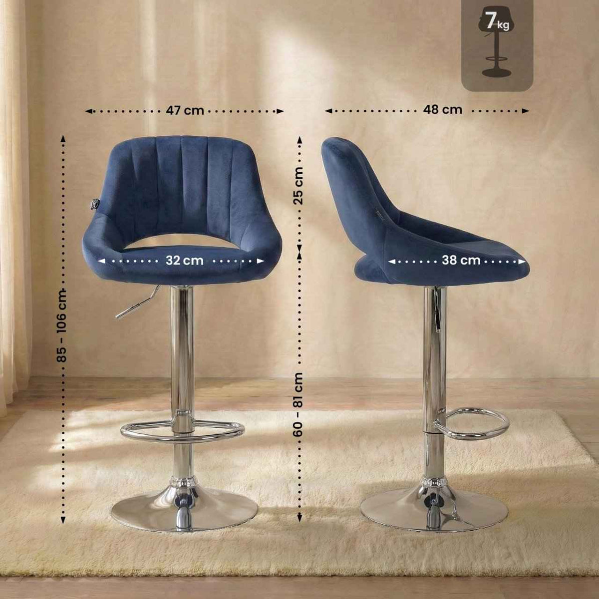 Barkruk Milet Fluweel blauw,chroom blau