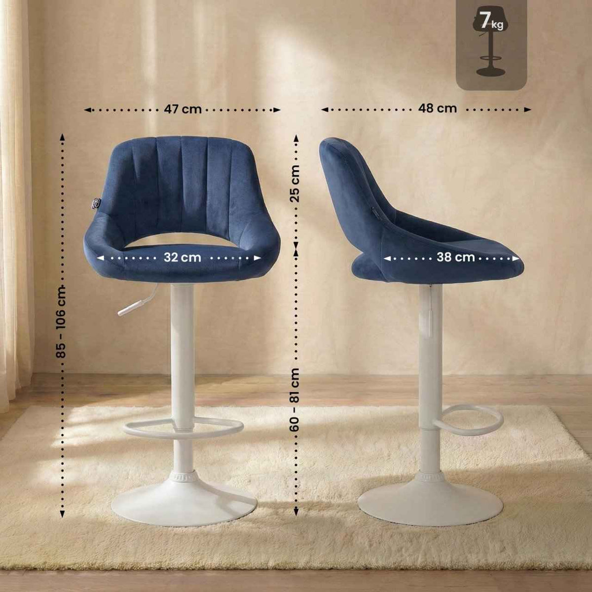 Barkruk Milet Fluweel blauw,wit blau