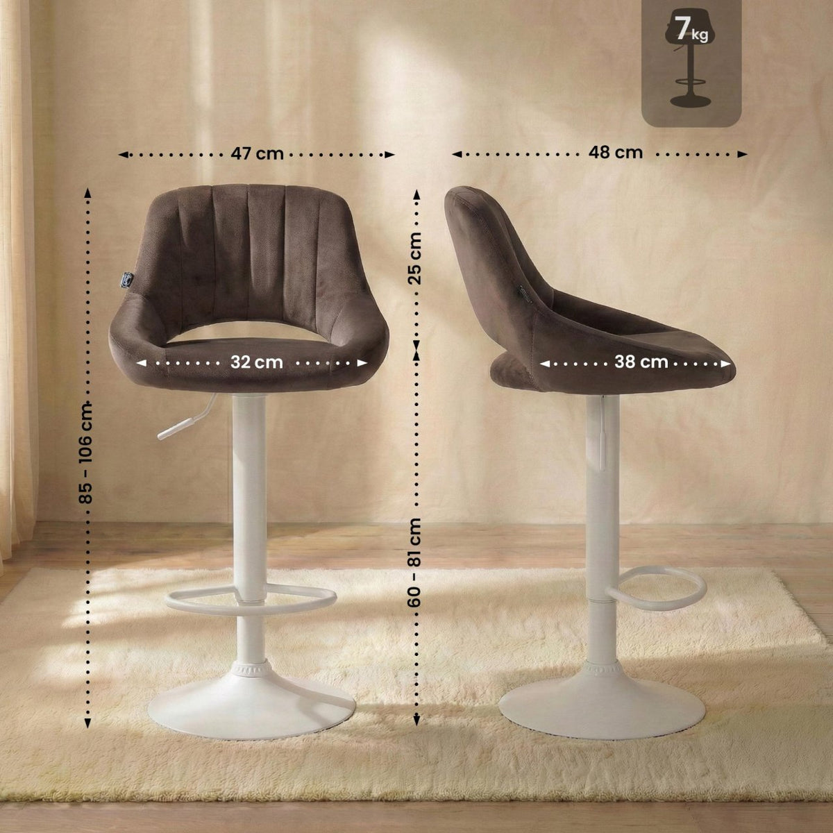 Set van 2 Barkrukken Milet Fluweel bruin,Metaal mat wit braun