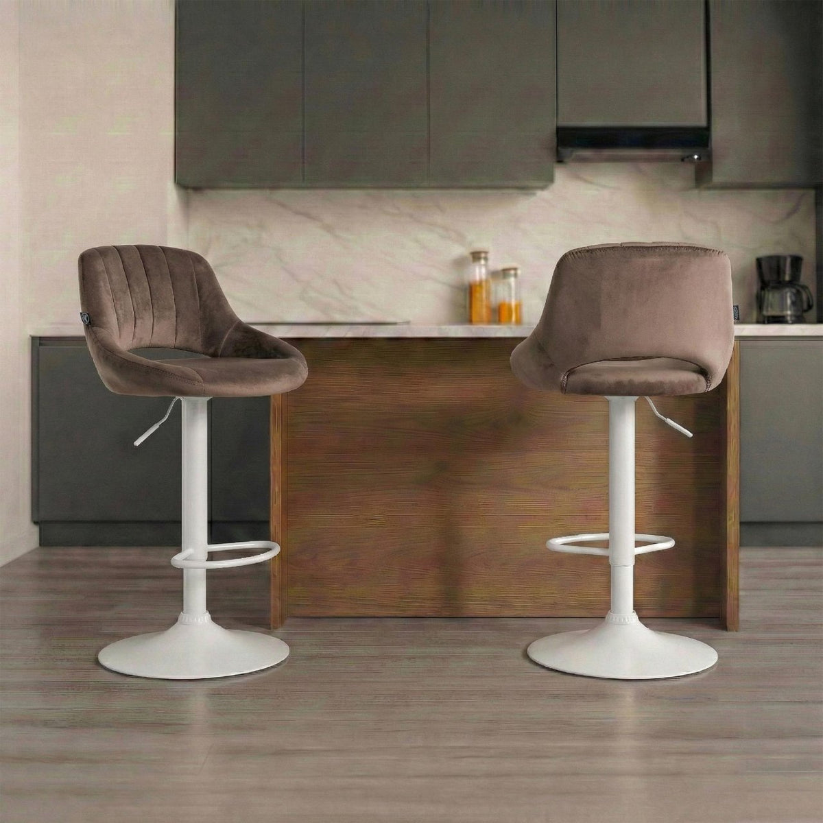 Set van 2 Barkrukken Milet Fluweel bruin,Metaal mat wit braun