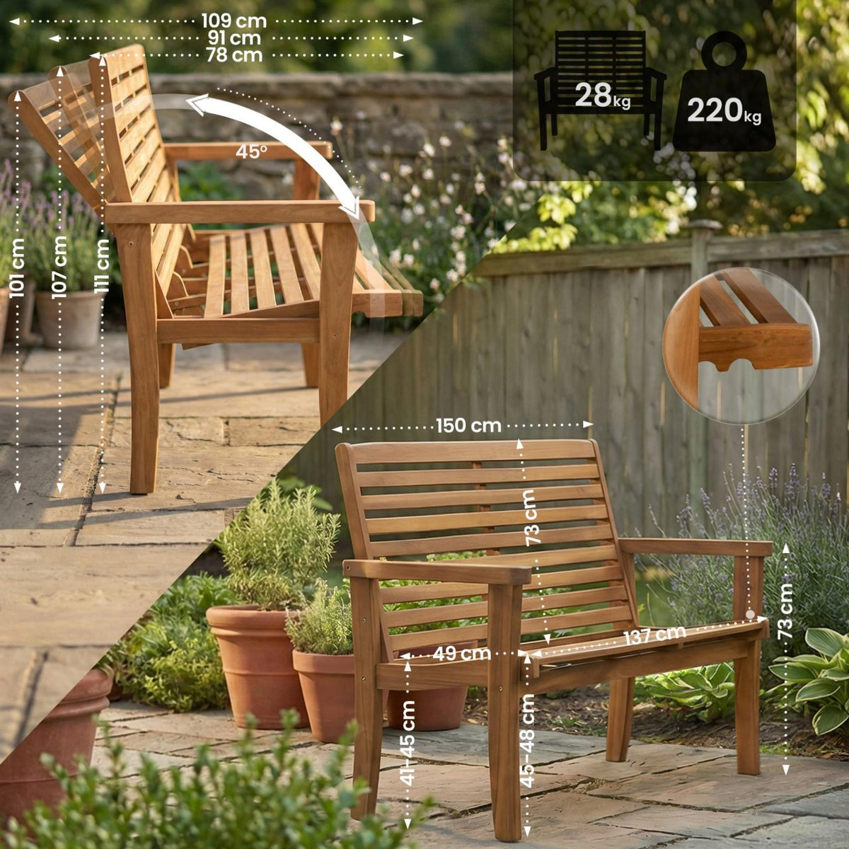 Reclining Teakbank Nicosia 150 cm teak