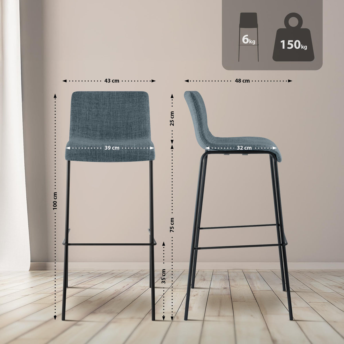 Barkruk Hover Stof 4 pootframe blauw,zwart blau