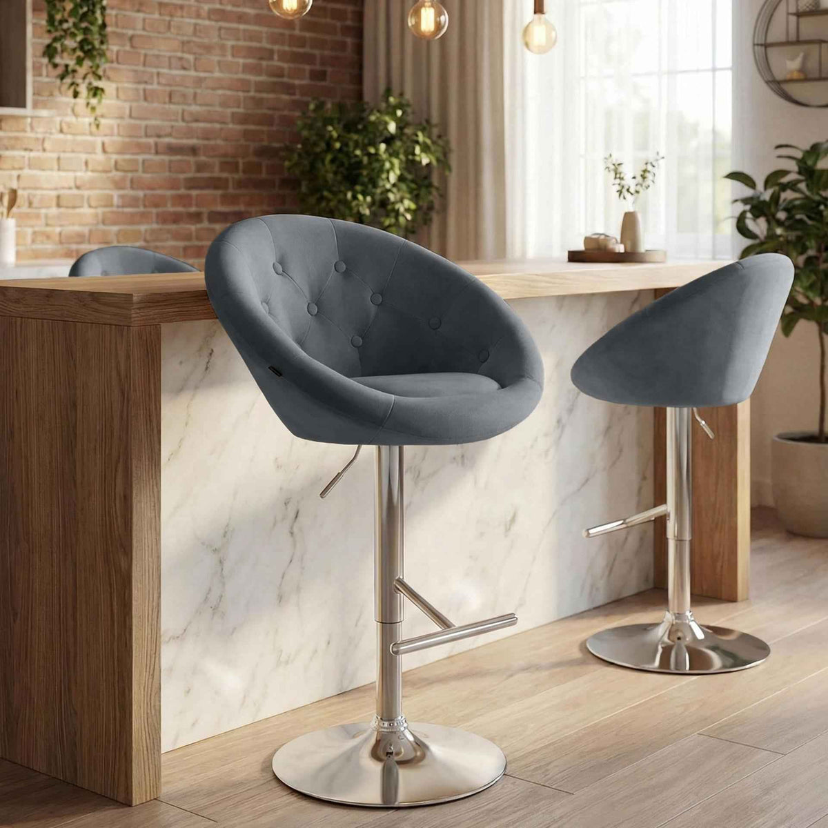 Barkruk London fluweel donkergrijs,chroom dunkelgrau