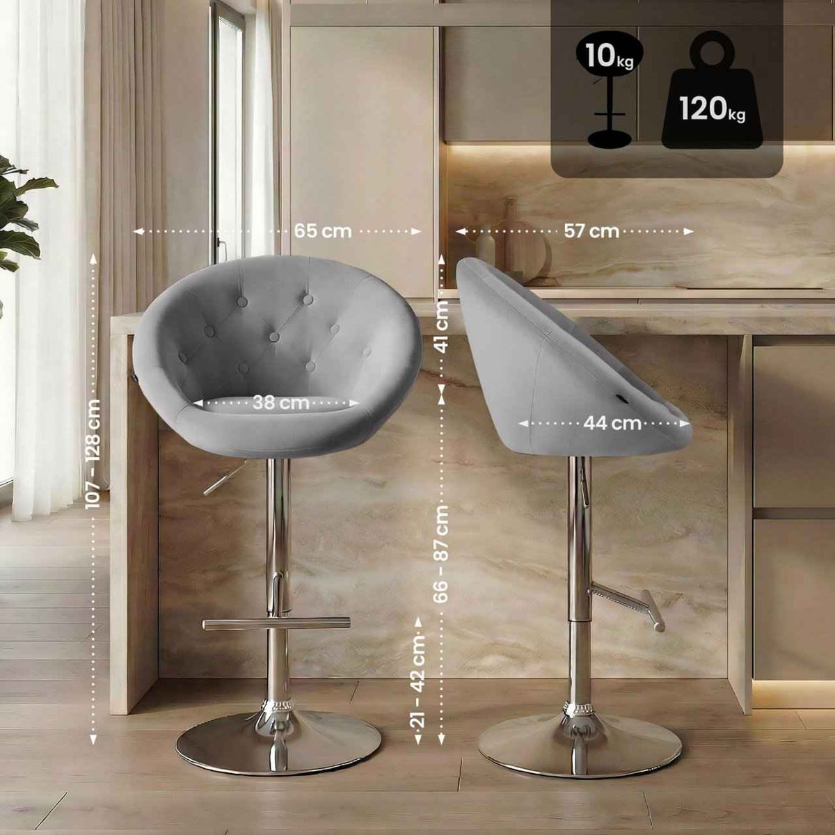 Barkruk London fluweel grijs,chroom grau