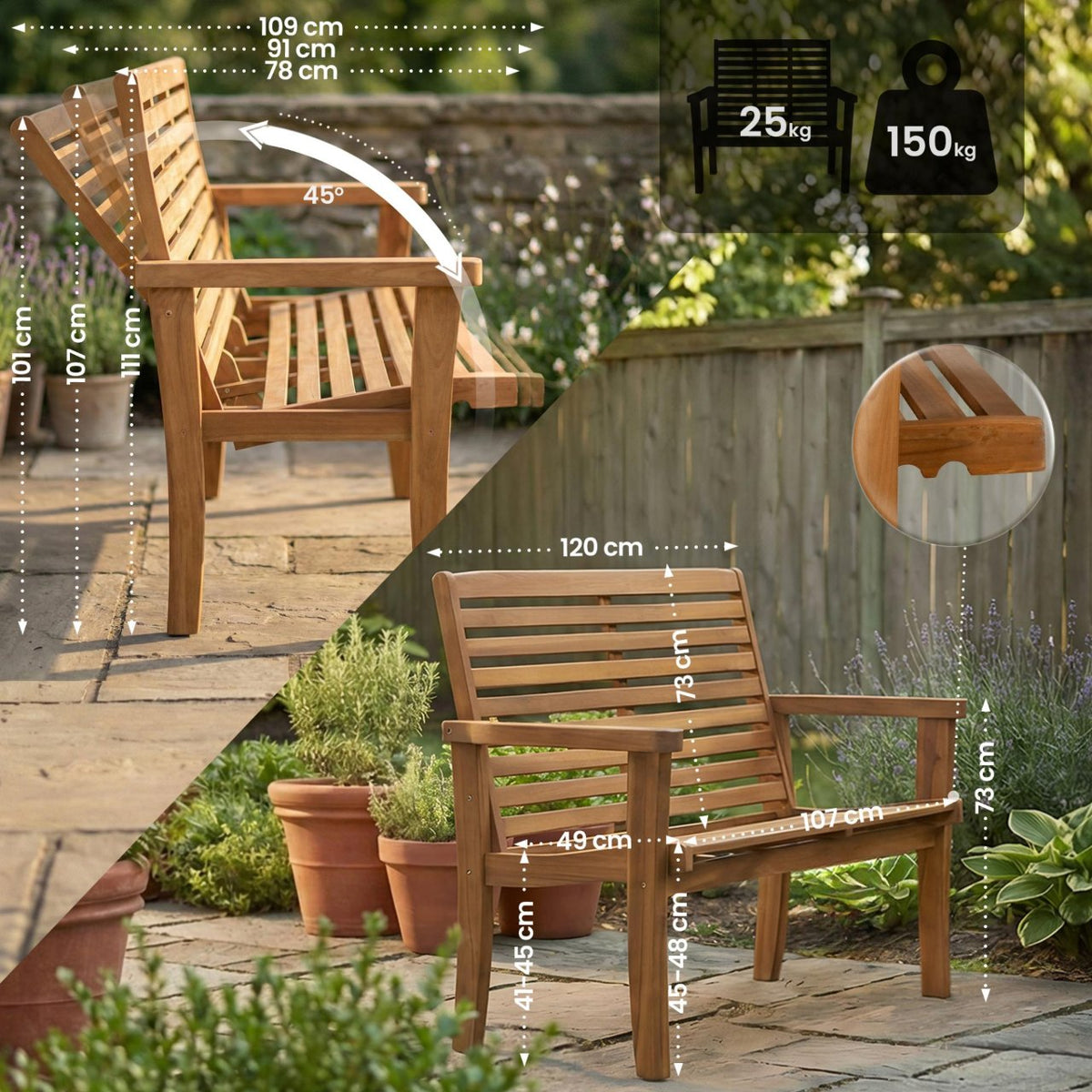 Reclining Teakbank Nicosia 120 cm teak