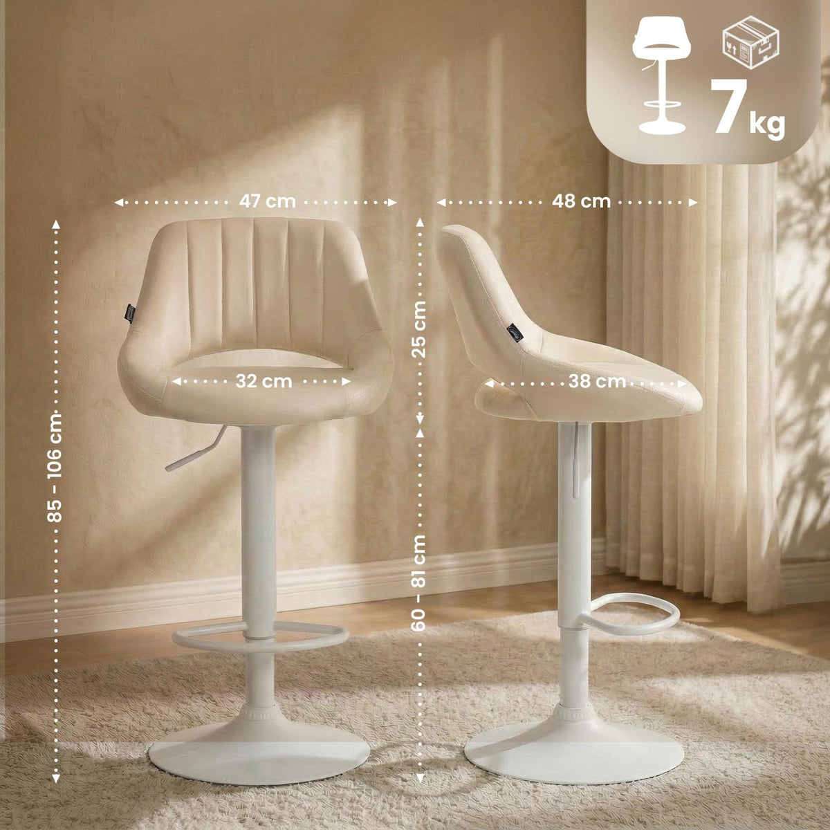 Set van 2 barkrukken Milet kunstleer creme,Metaal mat wit creme
