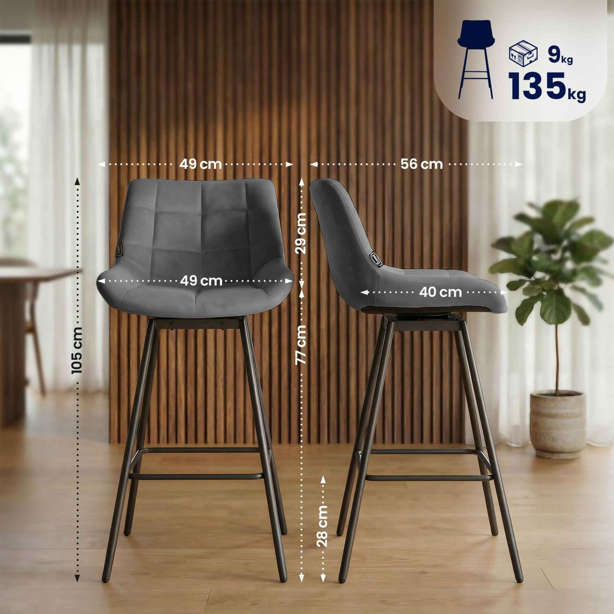 Barhocker Weston Schwenkbar Samt grau